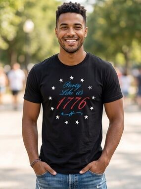 Celebrate It Black Short-Sleeve Graphic Tee with Red, Blue and White Accents